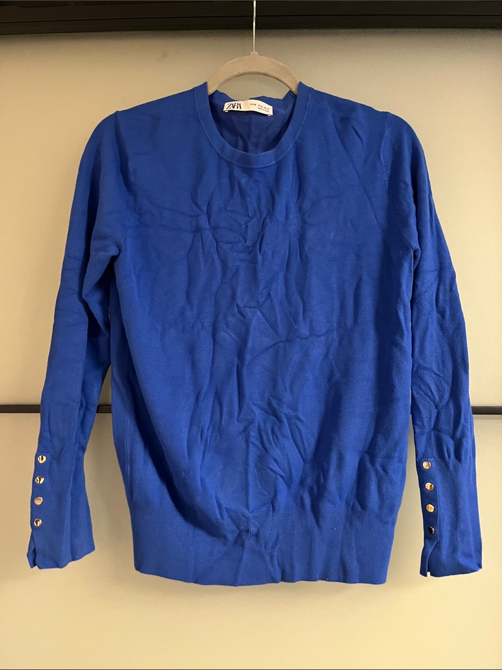 NWOT Stretchy Zara Cobalt Blue Crewneck Sweater with Gold Cuff Buttons